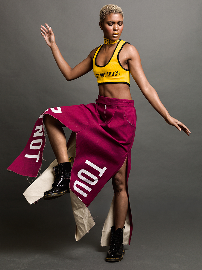 Model Candace Kohl caught in motion posing in studio photographed by Joshua Pyles