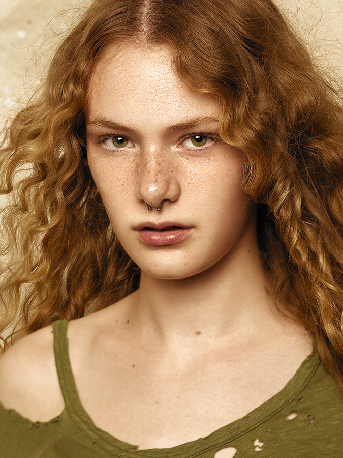 Redheaded model Hallie Hummer in a shredded green J Crew t-shirt photographed by Joshua Pyles
