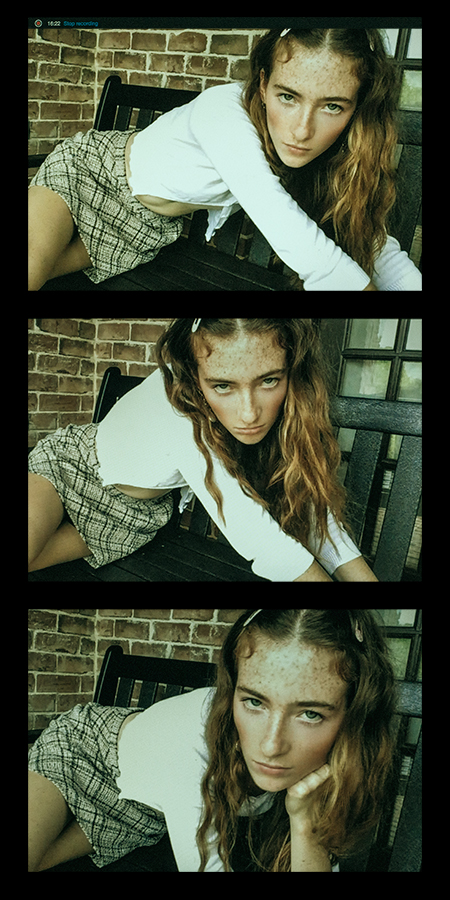Vertical triptych of redheaded model Kate Kremer in white sweater, plaid schoolgirl skirt, and barrettes, photographed by Joshua Pyles